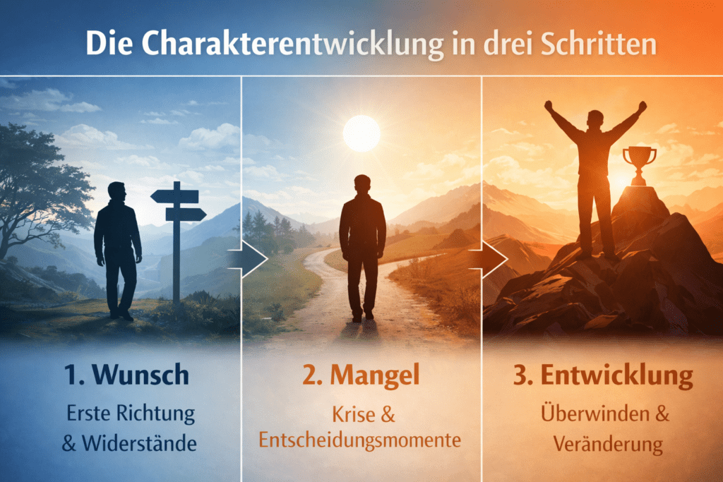 Eine Infografik mit drei Spalten, die links den Wunsch, in der Mitte den Mangel und rechts die Entwicklung darstellt.